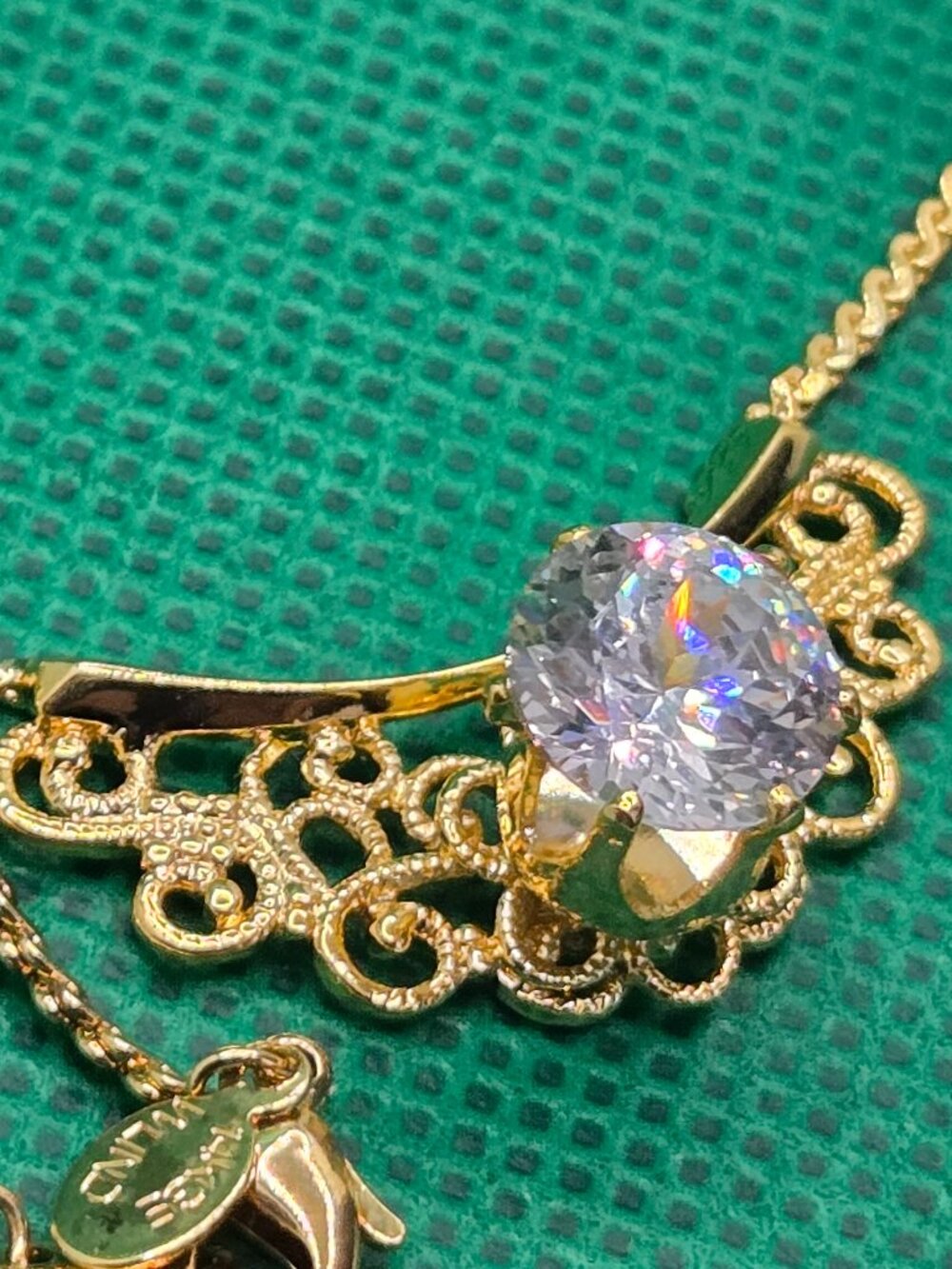 Vintage Lindenwold 14K HGE Filigree Necklace NIP Large Clear CZ Gold Tone Pendan